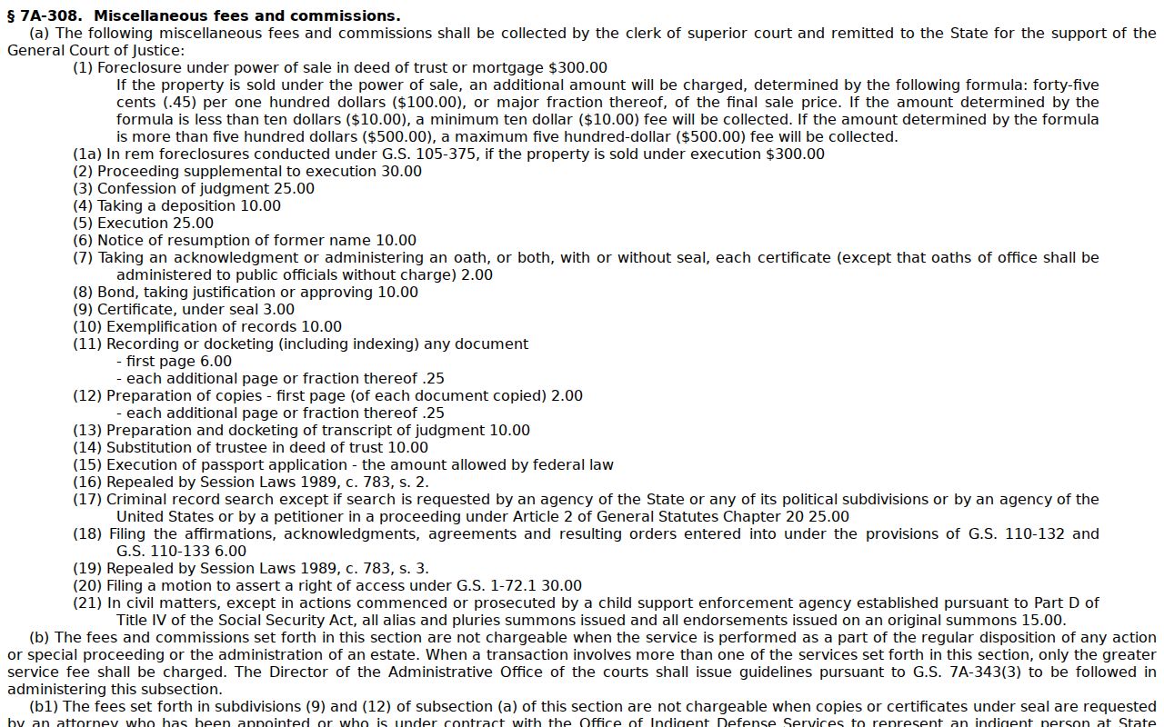 Carteret County civil court docket clerk copy fee statute resource