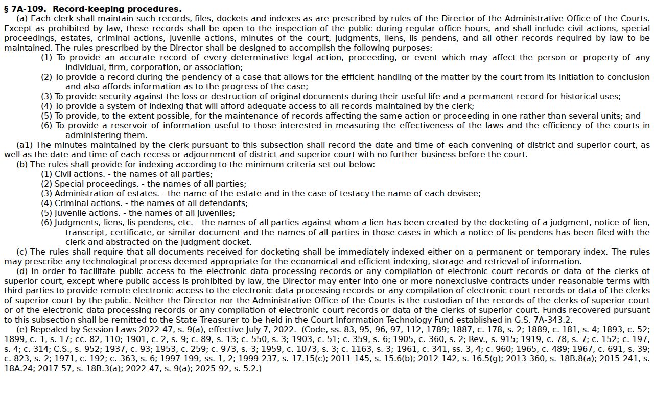 Carteret County civil court docket public inspection law resource