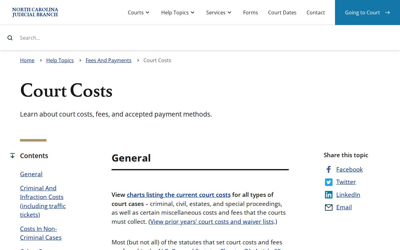 Carteret County court record copy-fee context from North Carolina court costs