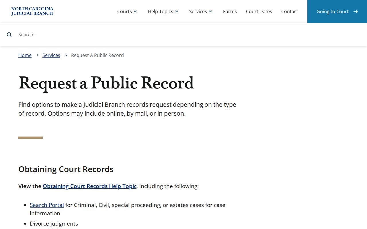 Carteret County court record request context for North Carolina Judicial Branch form