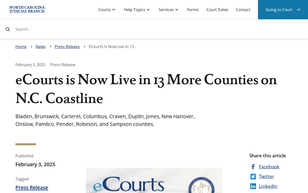 Carteret County court docket eCourts conversion announcement